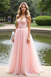 Rosa A-Linie Spaghettiträger Langes Ballkleid mit Spitze